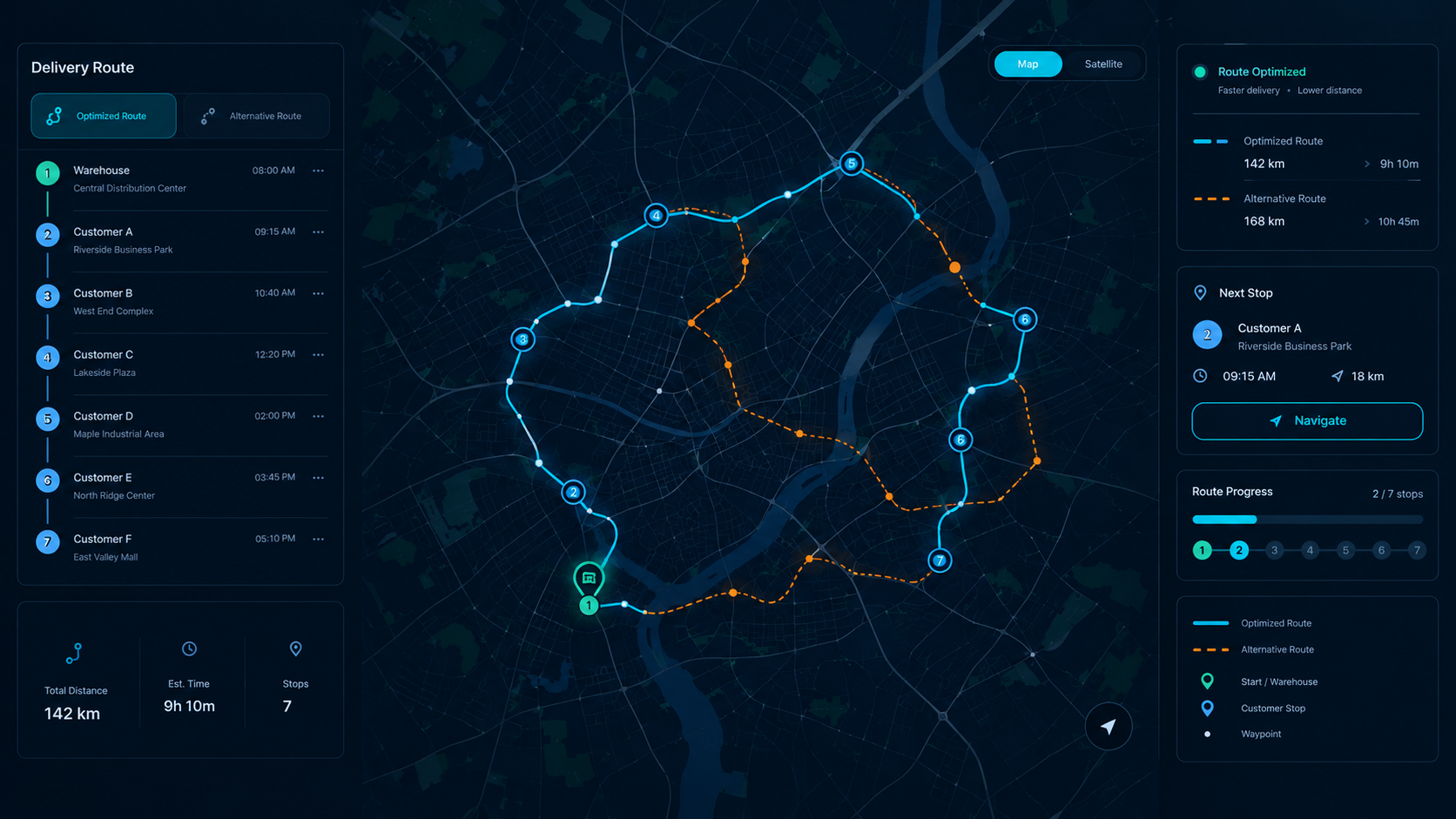 Sales Tracker route optimization map showing efficient delivery routes